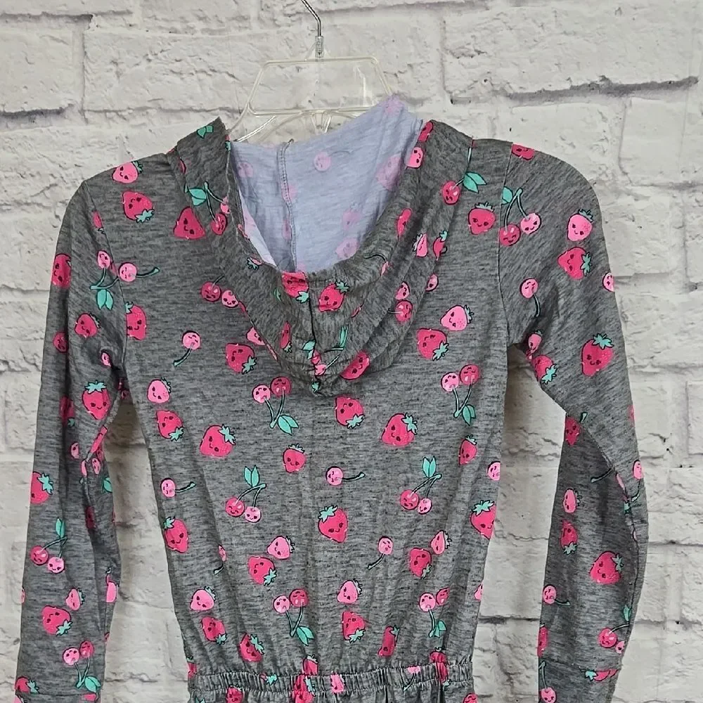 Justice Strawberry Pajama Romper Girls 6 7 Hooded Sleepwear Lounge One Piece Pjs